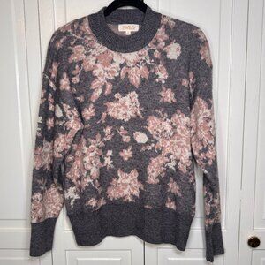 Listicle Gray Skies Floral Sweater, Small, Crew Neck Knit Ribbed Grandmacore